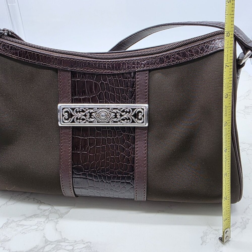 Brighton Shoulder Bag Brown Crocodile Nylon Embossed Leather Trim Purse Zip - Picture 10 of 12